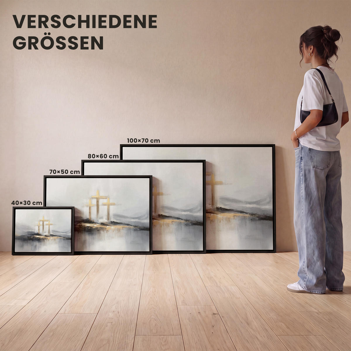 LEINWAND Bilder mit Rahmen - Abstrakt - Malerei - Christentum - Kreuz - 40x30 - Weiß, Textil (40/30cm) - MuchoWow