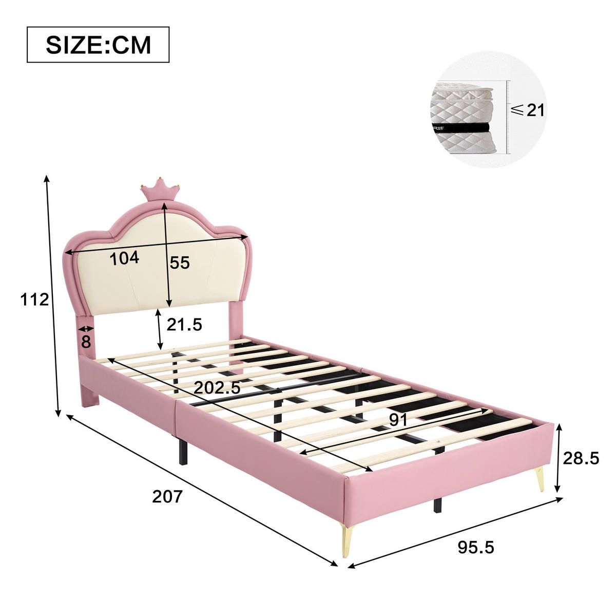 KINDERBETT 90/200 cm aus PU mit Kronen-Kopfteil Rosa/Weiß - Weiß, Kunststoff (90/200cm) - Modenvie