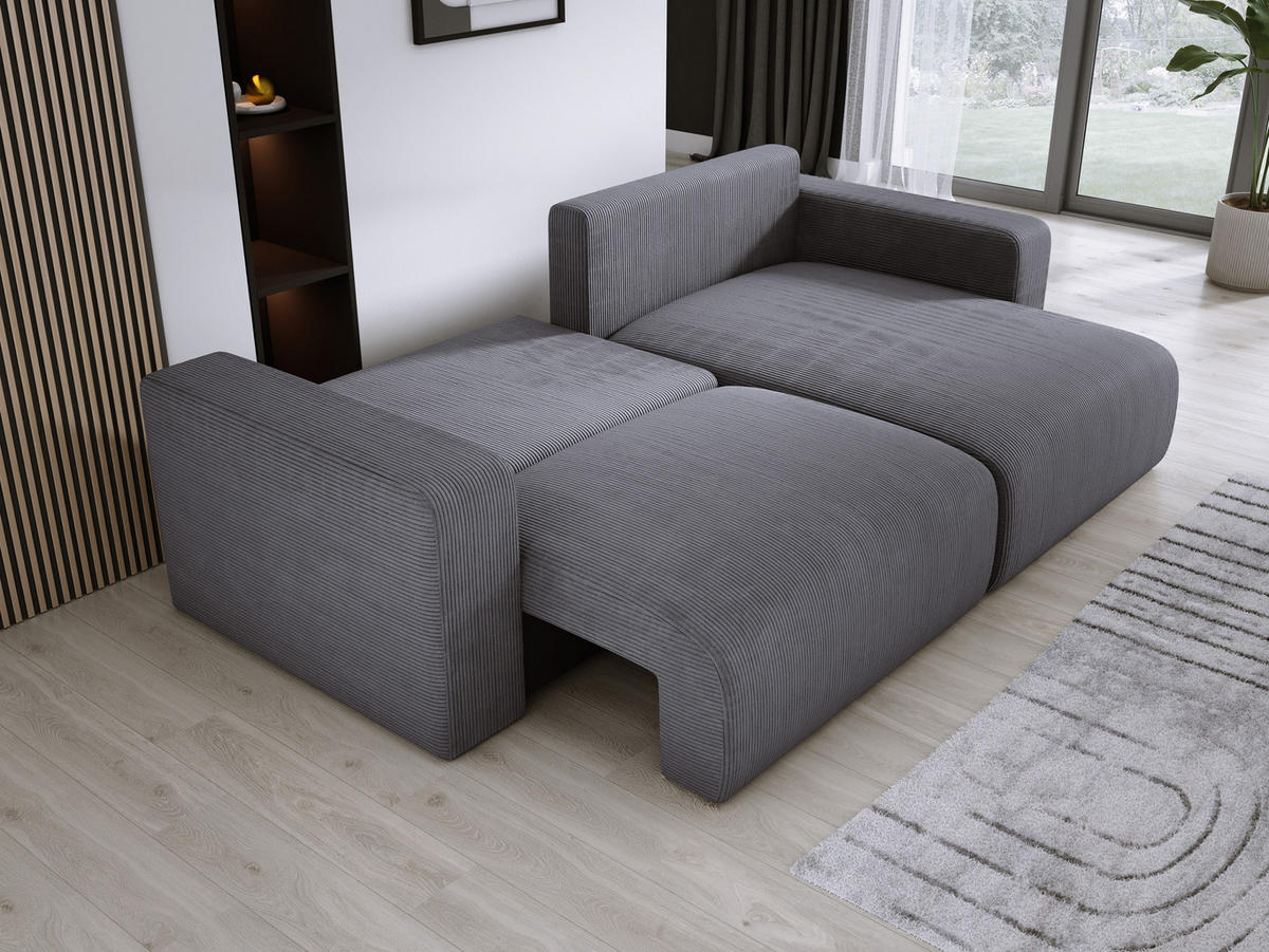 ECKSOFA Carl L-förmig Schlaffunktion und Bettkasten weicher Cordstoff flexibel stellbar lose Rückenkissen freistehend RECHTS 247x143x83cm Grey - Grau, Holz/Textil (247/143cm) - DomoHome