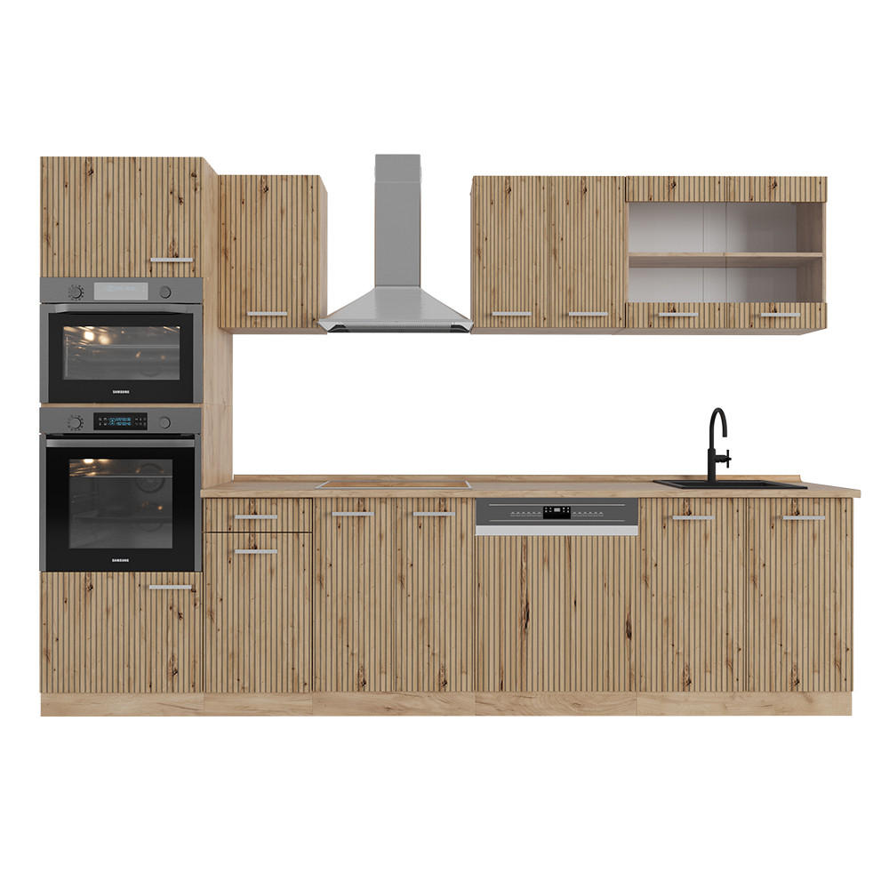 KÜCHENZEILE R-Line Artisan-Eiche/Goldkraft Eiche 300 cm mit Hochschrank AP Eiche - Eiche Wotan/Eiche Artisan, Holzwerkstoff (300/81.6/60cm) - Vicco