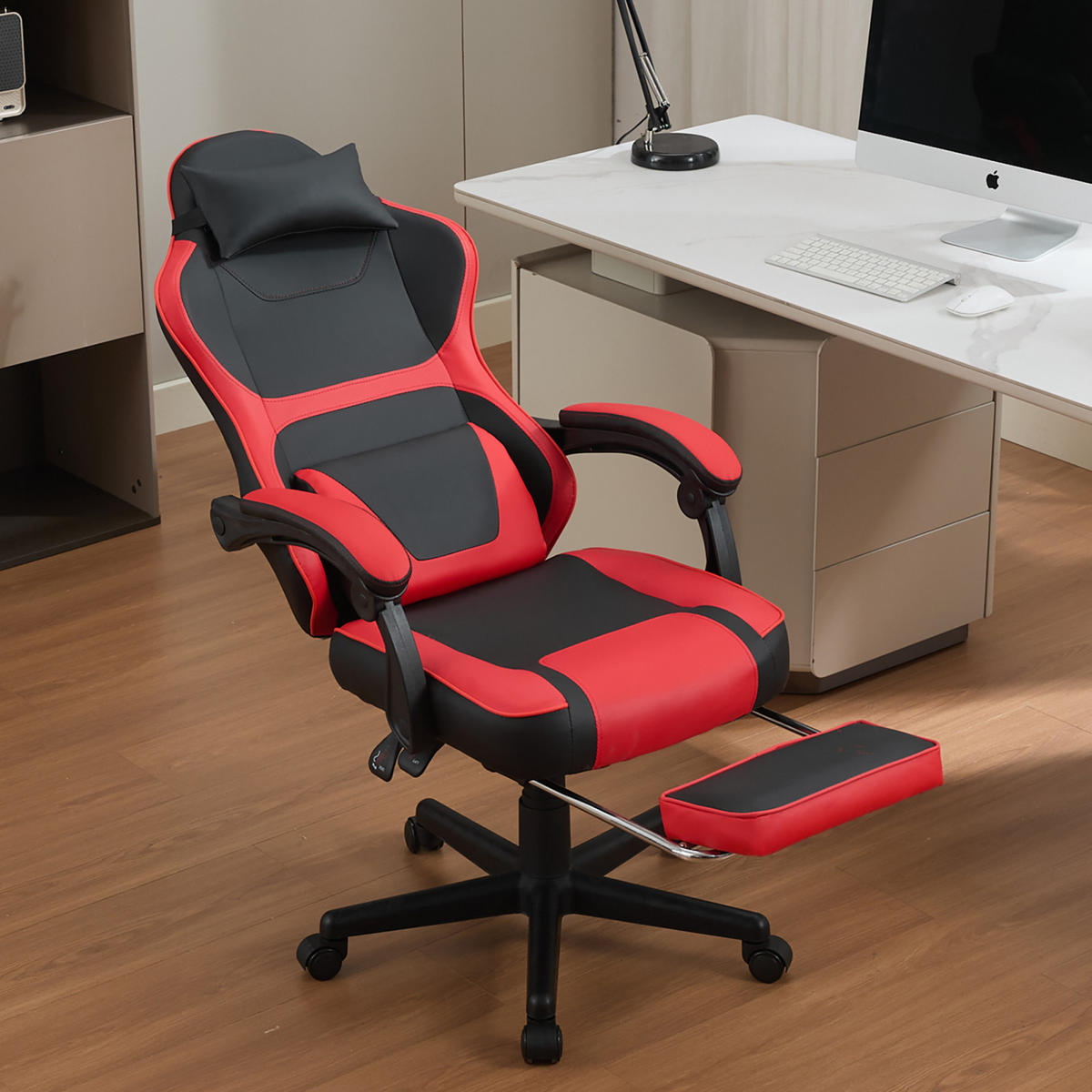 GAMING-STUHL schwarz-rot ergonomisch mit ausziehbarer Fußstütze, Nacken- und Lendenkissen, höhenverstellbar - Rot, Leder (54/116/61cm) - BRILVERDE