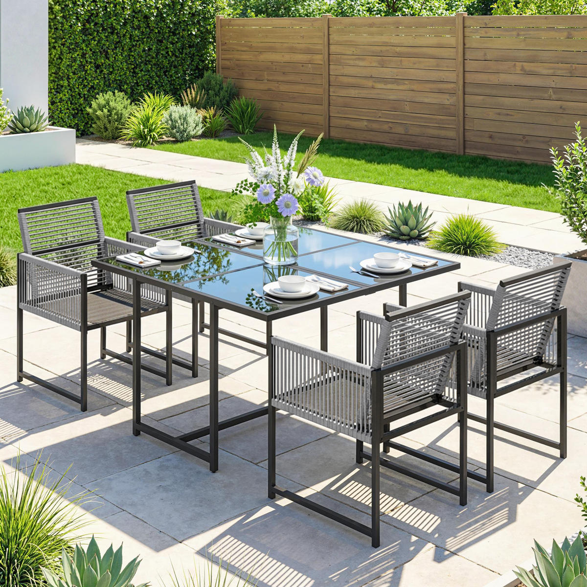 OUTDOOR-ESSGRUPPE 5er Set Stahl Netzstoff Hellgrau - Hellgrau/Schwarz, Textil/Metall - Outsunny