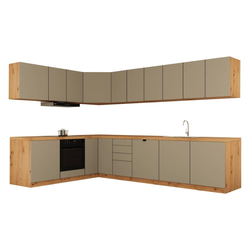 WINKELKÜCHE 300cm x 200cm- Langen KL24-M300 - in Beige/Matt - Beige, Holz (500/212/52cm)