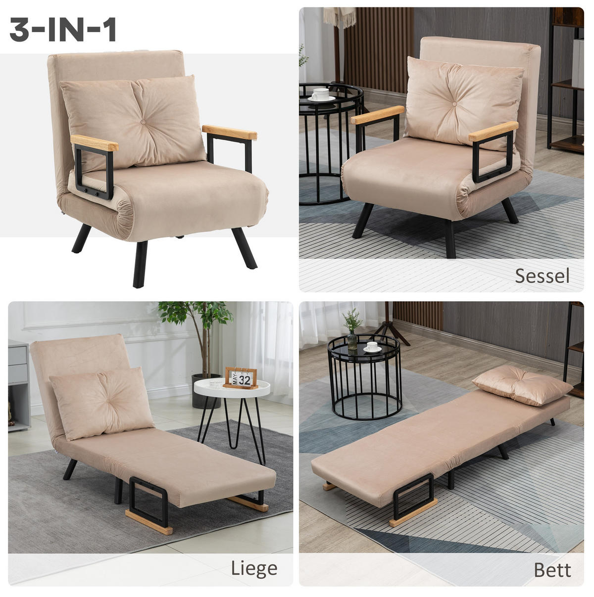 SCHLAFSESSEL in Beige 73x63x81 cm mit Bettfunktion und 5-fach verstellbarer Rückenlehne - Beige, Textil (63/81/73cm) - IVMEU