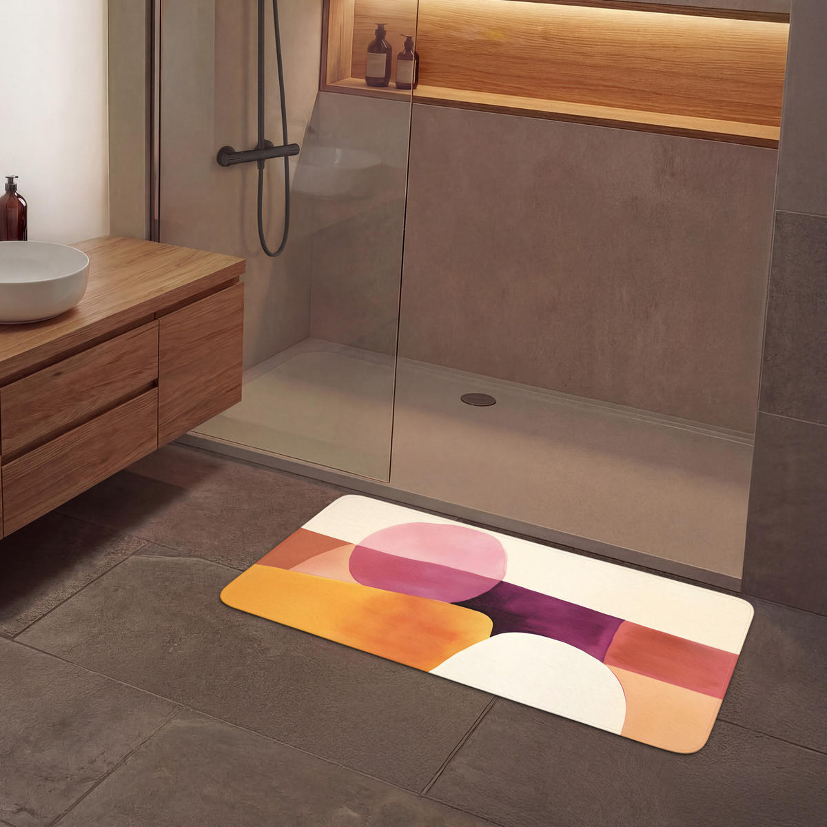 KOUPELNOVÁ PŘEDLOŽKA Tvary - abstraktní - barevné 120x60 cm - terakotová, textil/plast (120/60cm) - OnlyWow