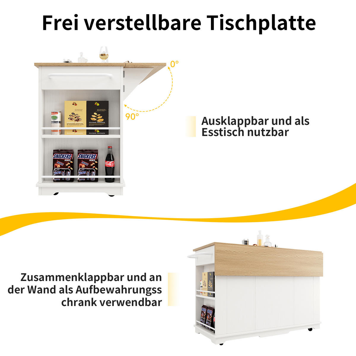 KÜCHENINSEL 151.5x85x91.7cm Weiß mit Klapptisch & Glastüren - Weiß, Holzwerkstoff (151.5/91.7/85cm) - Modfu