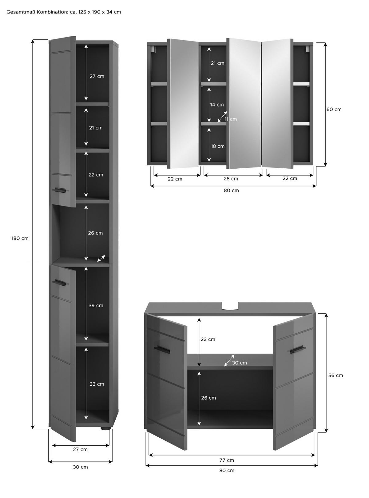 BADMÖBEL-SET grau Hochglanz 125 cm, Komplettset mit Soft-Close - Grau, Glas/Holzwerkstoff (125/190/34cm) - Inn.Furn