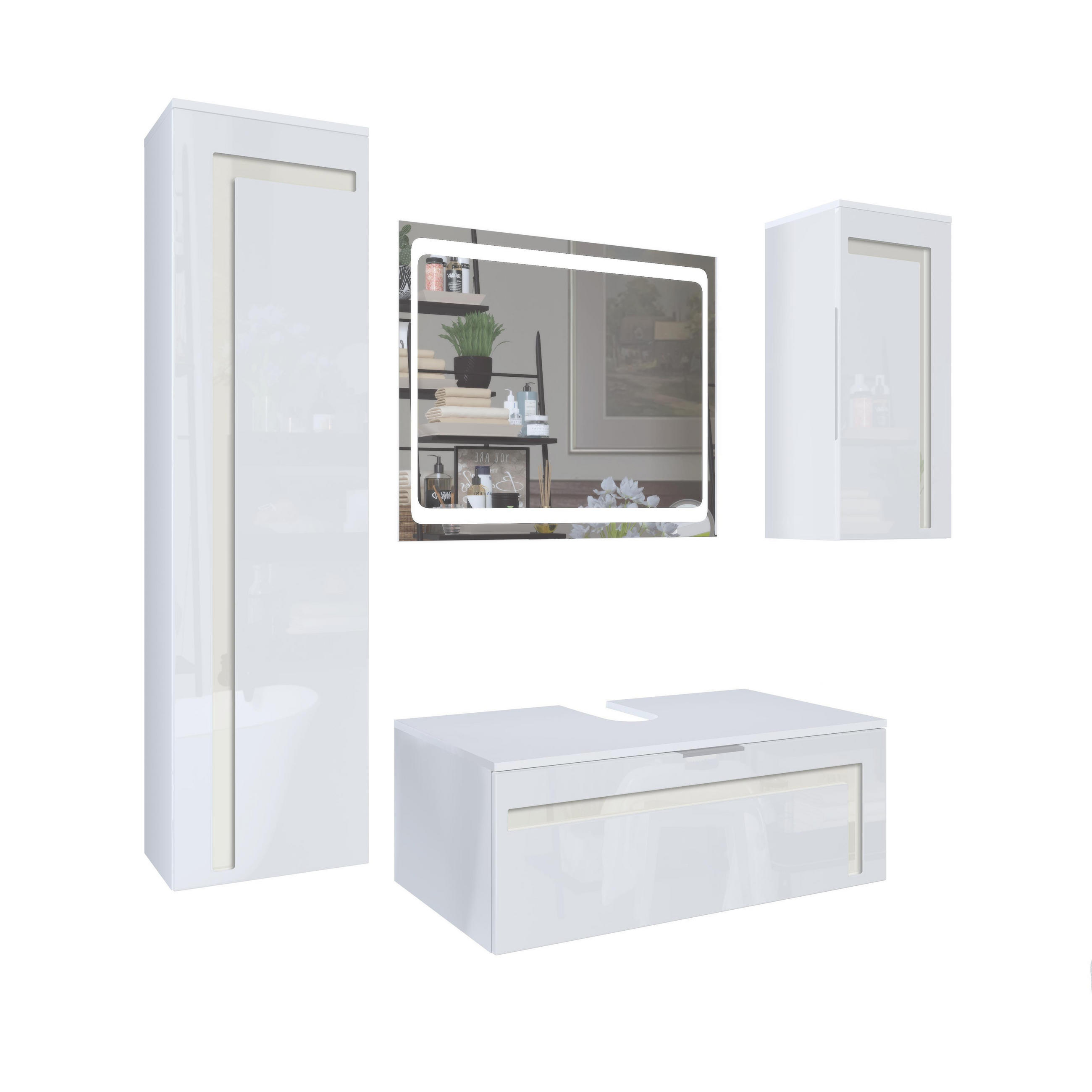 BADMÖBELSET Aloha Absetzungen in Creme Hochglanz - Creme, Holzwerkstoff (200/193/51cm) - Vladon