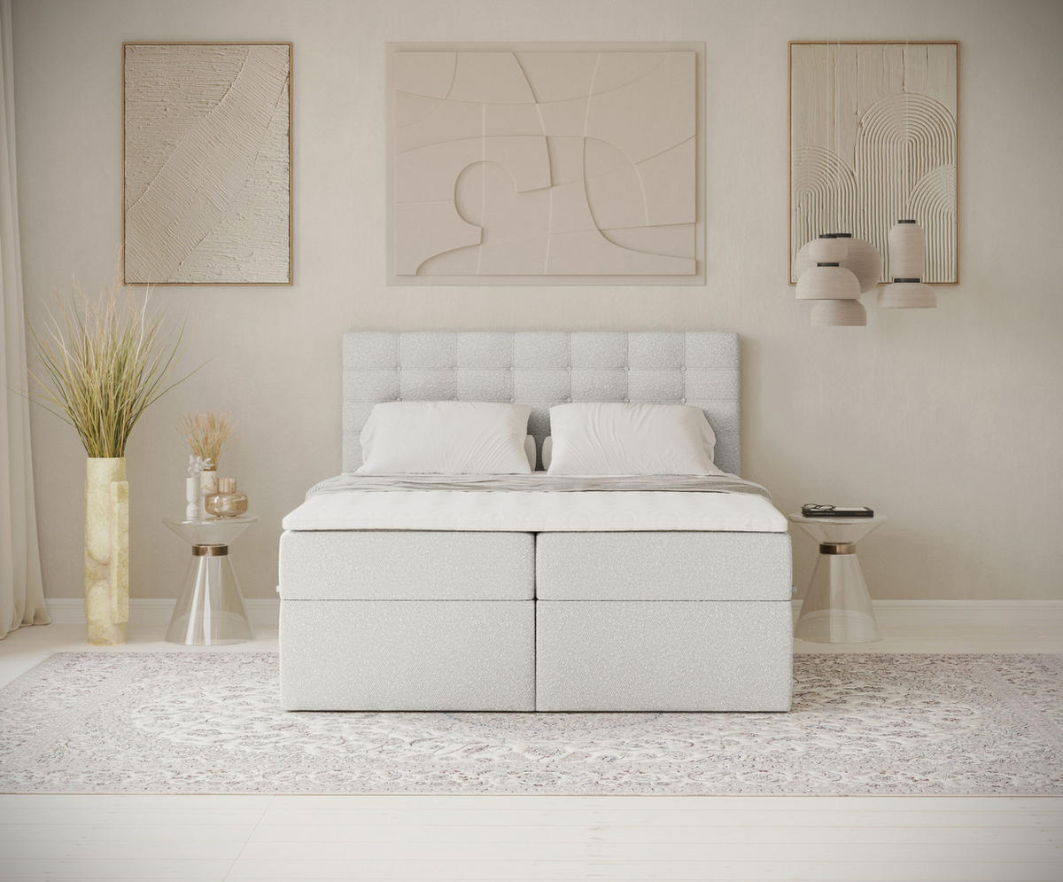 BOXBETT Sansa Hellgrau 160/200 cm mit Taschenmatratze und Topper - Hellgrau/Schwarz, Holz/Holzwerkstoff (160/200cm) - Maison de Reve