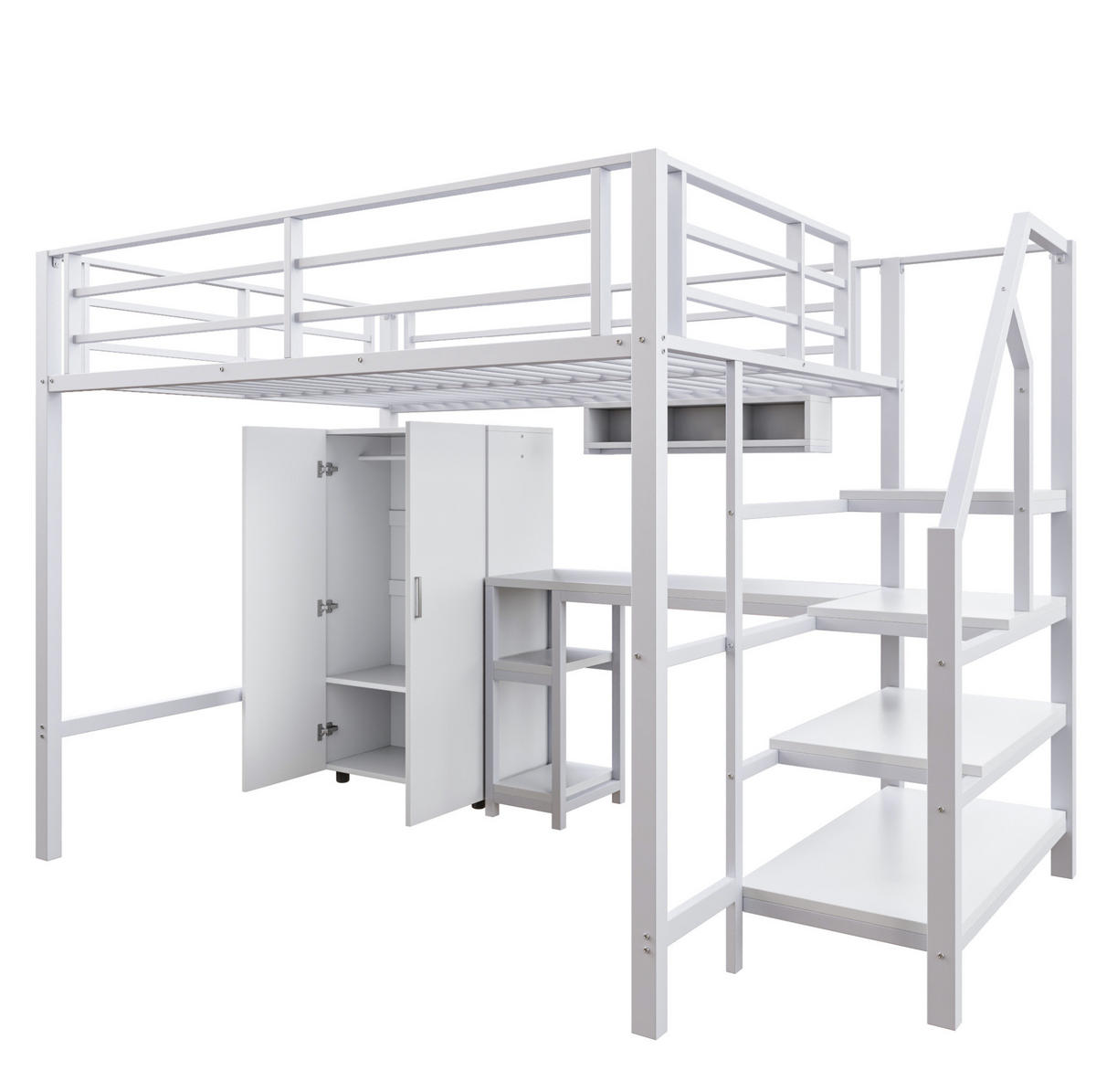 HOCHBETT 140/200 cm in Weiß mit Schreibtisch, Kleiderschrank und Regalen - Weiß, Metall (140/200cm) - Flora Grace