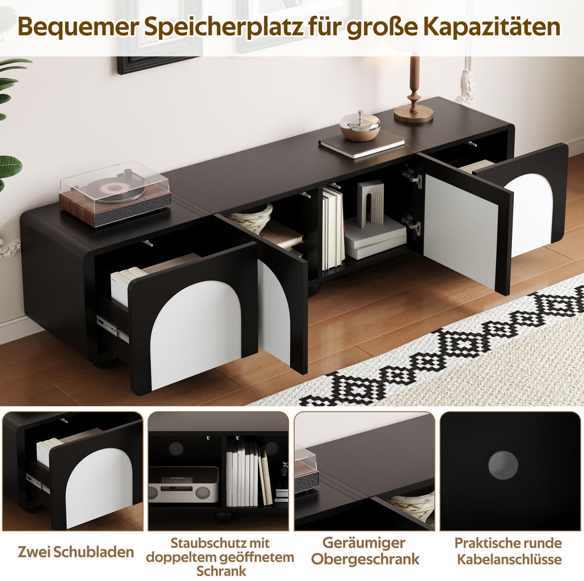 TV ormarić 180/38/45 cm crno-bijeli od MDF-a i PB-a s 2 ladice i 2 vrata - crna, drvni materijal (180/45/38cm) - OKWISH