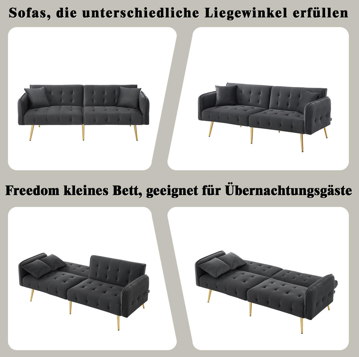 SCHLAFSOFA 215/81,5 cm Liegefläche – mit Veloursbezug und verstellbaren Armlehnen - Grau, Textil (82/70/178cm) - BEAOK