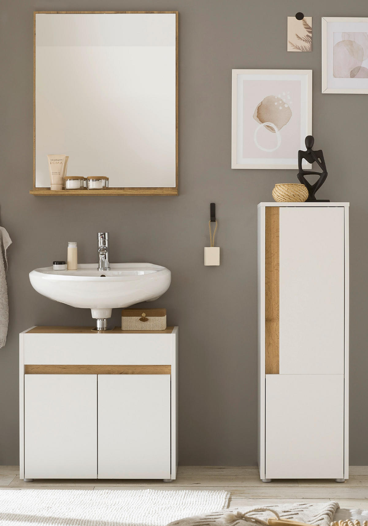 BADMÖBEL-SET 3-teilig weiß, Wotan Eiche, Badkombination 114 cm - Silberfarben/Eiche Wotan, Glas/Holz (116/200/34cm) - Furn.Design
