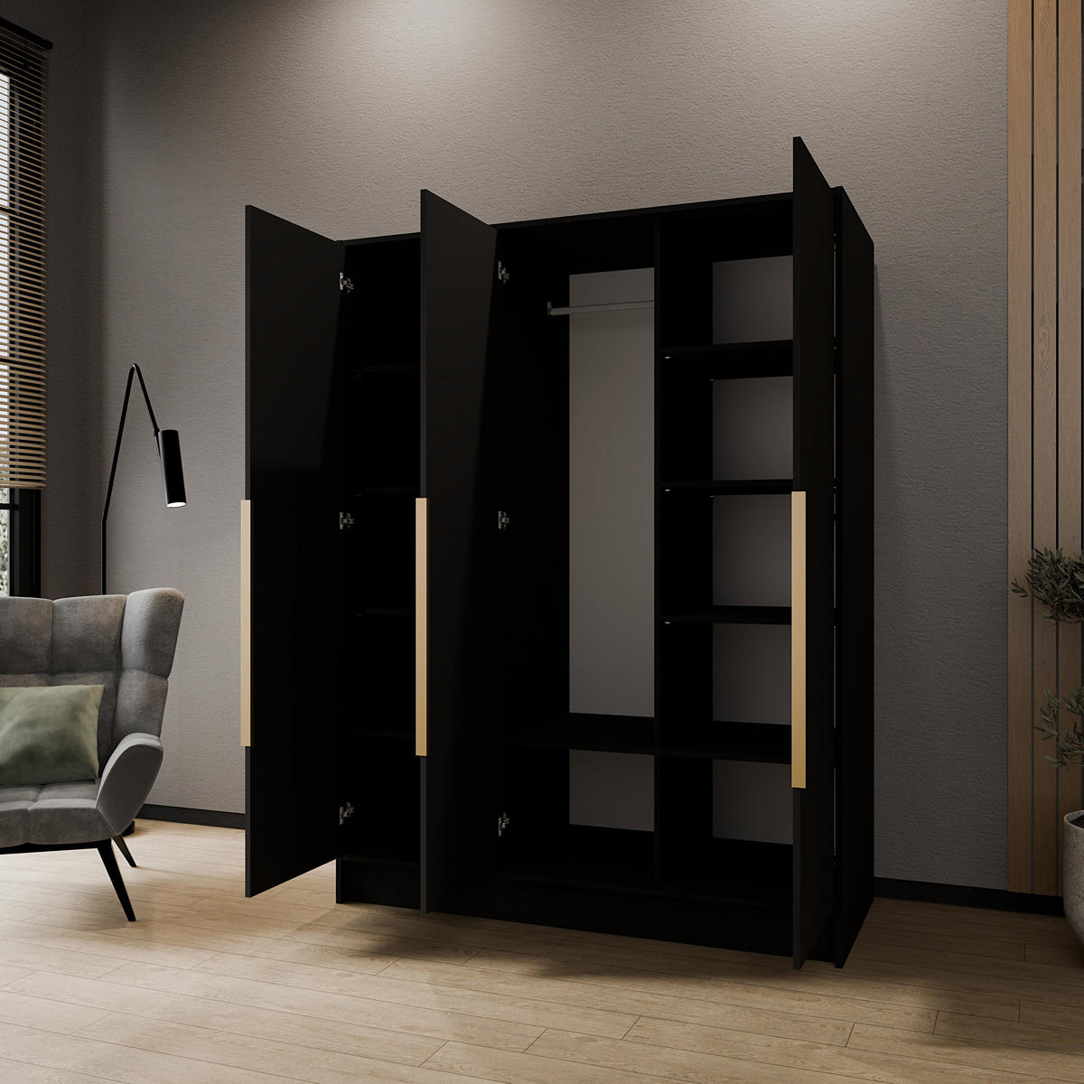 KLEIDERSCHRANK Mono Lux mit Speigel, Drehtüren mit Goldene Metallgriffe, Schwarz 150/200/51 cm - Goldfarben/Schwarz, Holzwerkstoff (150/200/51cm) - WFL GROUP