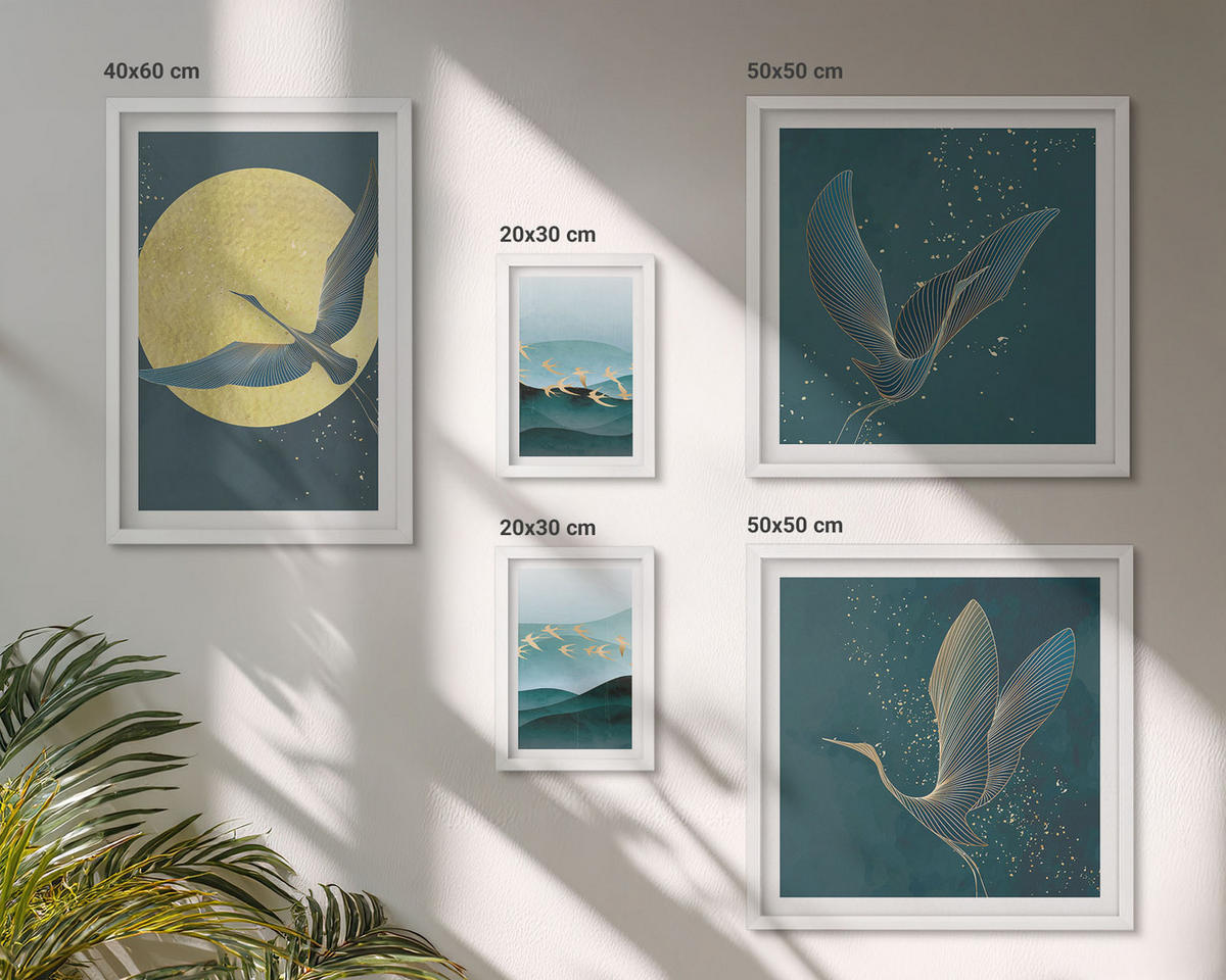 WANDBILDER 5er-Set - 50x50 cm & 20x30 cm & 40x60 cm Weißer Rahmen - Abstrakte Landschaften von Vogelwellen - Weiß, Kunststoff (40/60cm) - ArtPrintCave