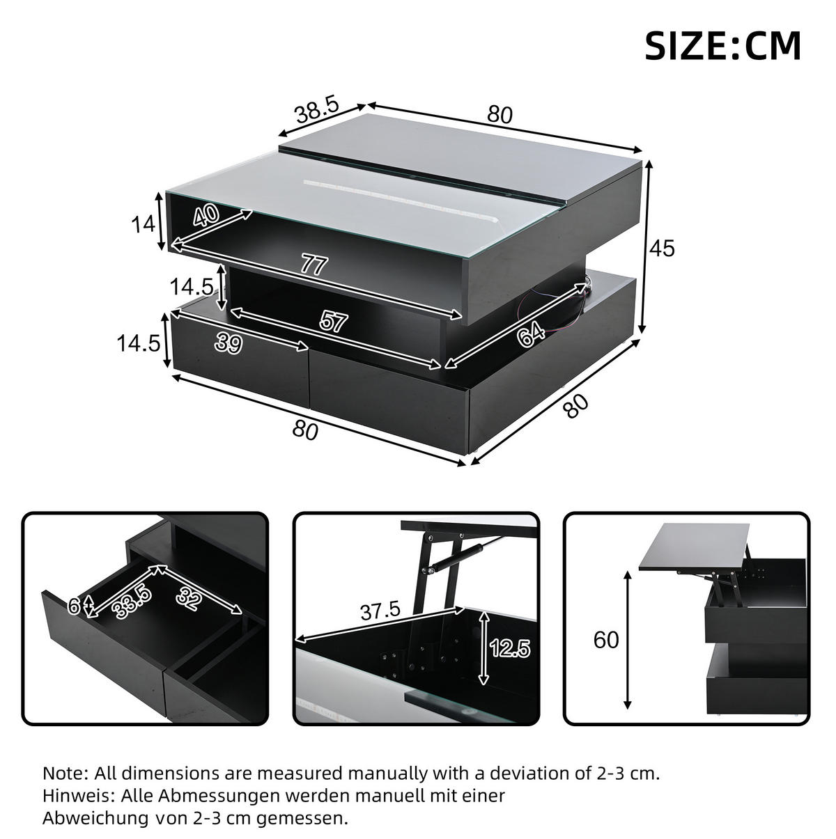 COUCHTISCH 80/80/45 cm schwarz aus Spanplatte und gehärtetem Glas mit Höhenverstellung, LED und Stauraum - Schwarz, Holzwerkstoff (80/80/45cm) - OKMYHOME