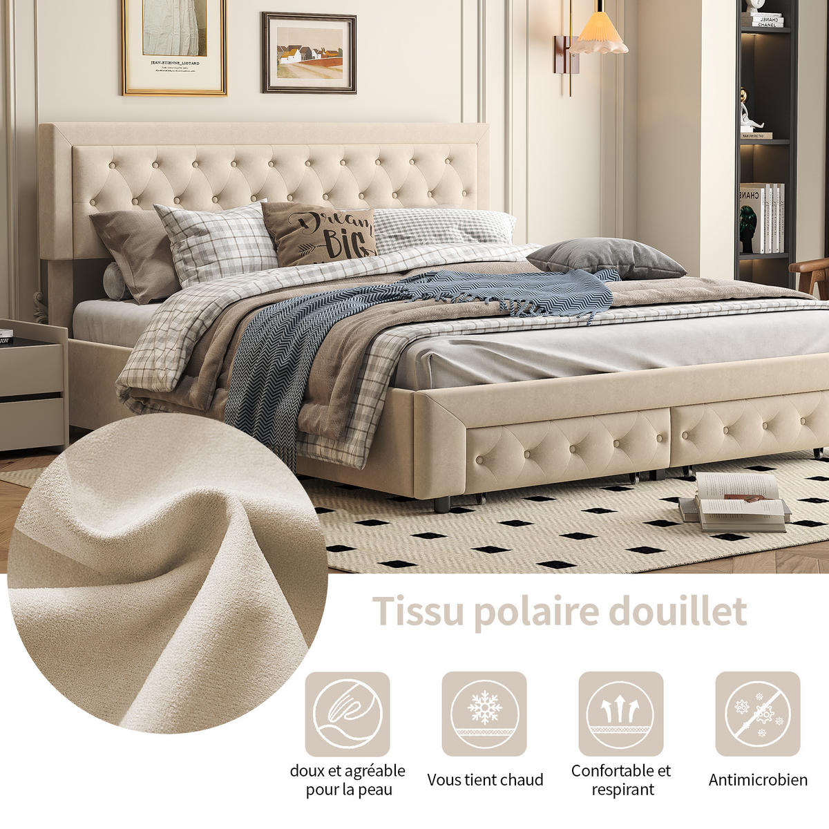 POLSTERBETT 180x200 cm, Beige, Lattenrost und Schubladen - Beige, Textil/Metall (180/200cm)