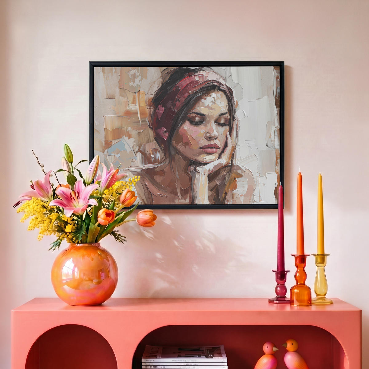 LEINWAND Bilder mit Rahmen - Frau - Lackierung - Porträt - Modern - 40x30 - Altrosa, Textil (40/30cm) - MuchoWow