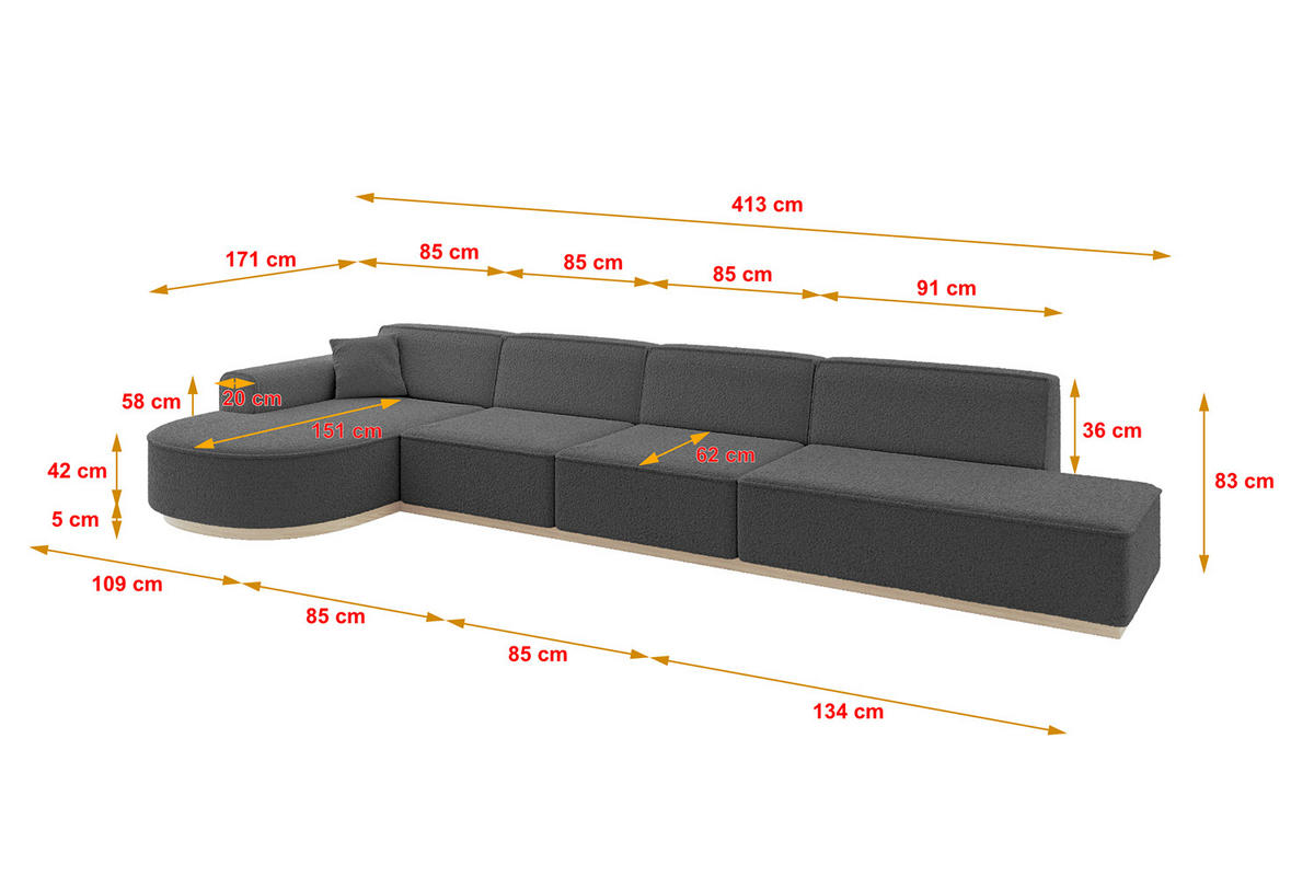 ECKSOFA Ottomane Links ARRIO-L3 - 413x171x83 cm Grau - Grau, Holzwerkstoff/Textil (413/171cm) - ALTDECOR