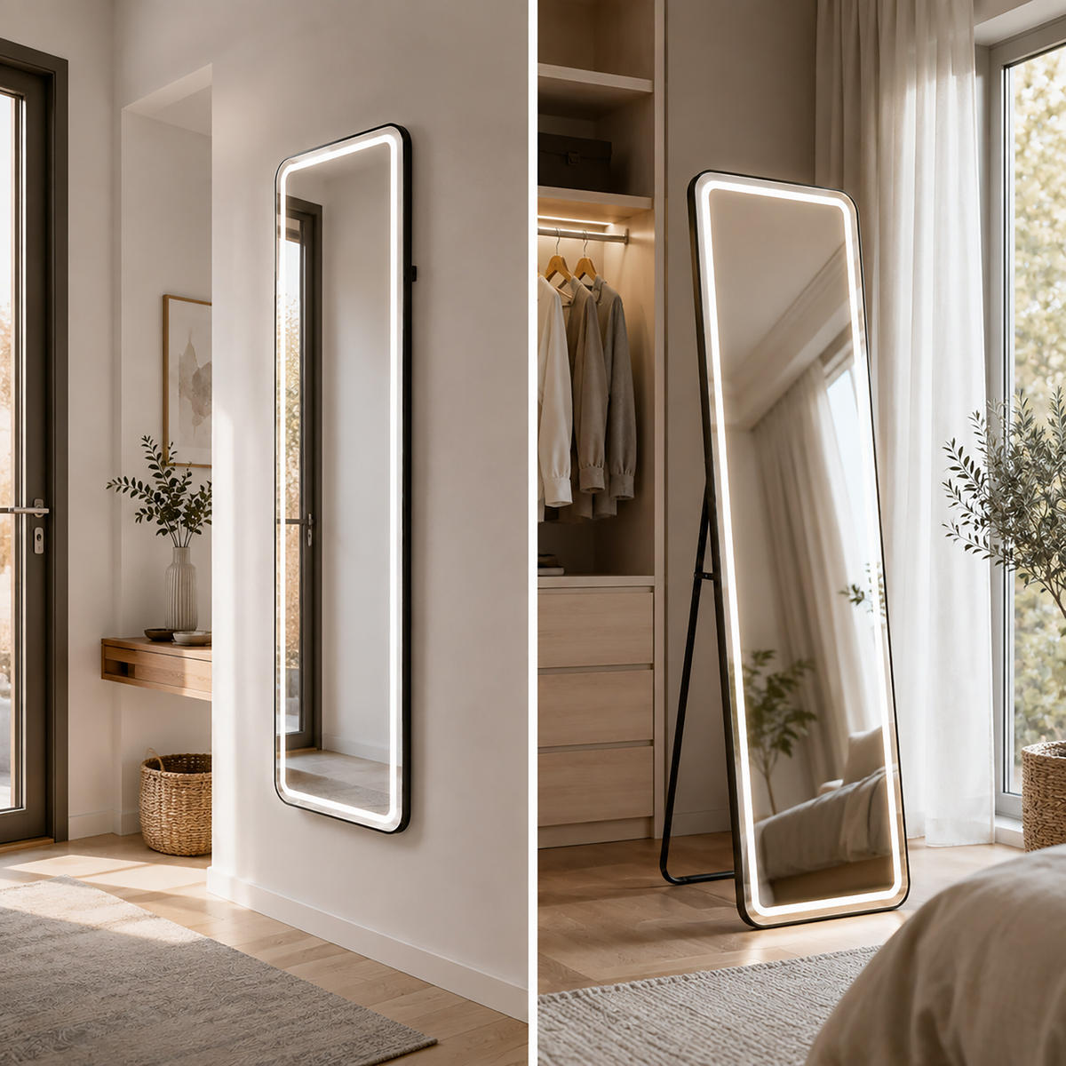 GANZKÖRPERSPIEGEL Schwarz rechteckig LED-Beleuchtung 160x50 cm - Schwarz, Glas/Holzwerkstoff (50/160/4.5cm) - Relaxdays