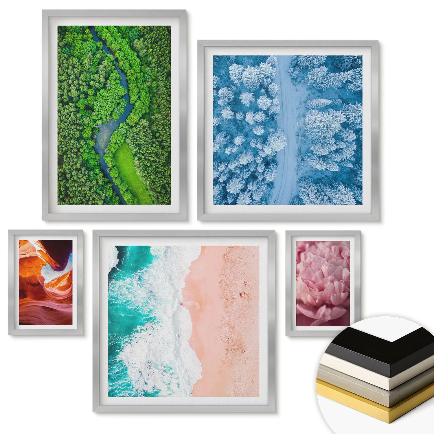 WANDBILDER 5er Set - 50x50 cm & 20x30 cm & 40x60 cm Silberner Rahmen - Pferde, Bewegung, Strand, Leuchtturm, Berge - Silberfarben, Kunststoff (40/60cm) - ArtPrintCave