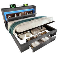 POLSTERBETT 160/200 cm mit LED, USB- und USB-C-Anschluss, hydraulischem Stauraum und Schublade, Leinen, Grau - Grau, Textil (160/200cm) - Redom