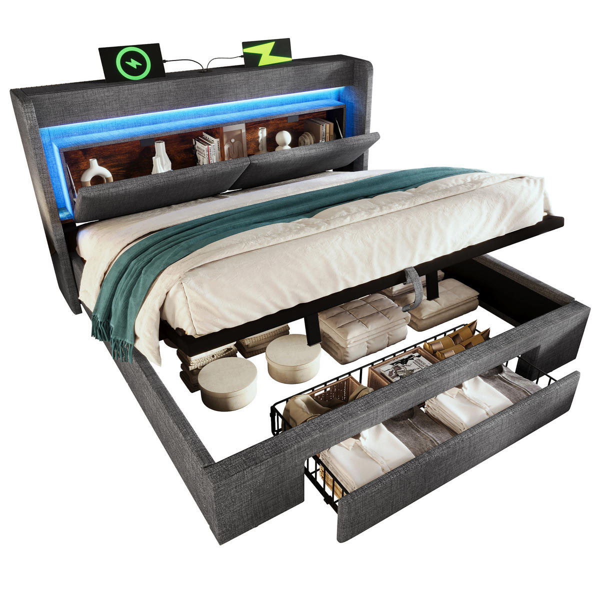 POLSTERBETT 160/200 cm mit LED, USB- und USB-C-Anschluss, hydraulischem Stauraum und Schublade, Leinen, Grau - Grau, Textil (160/200cm) - Redom