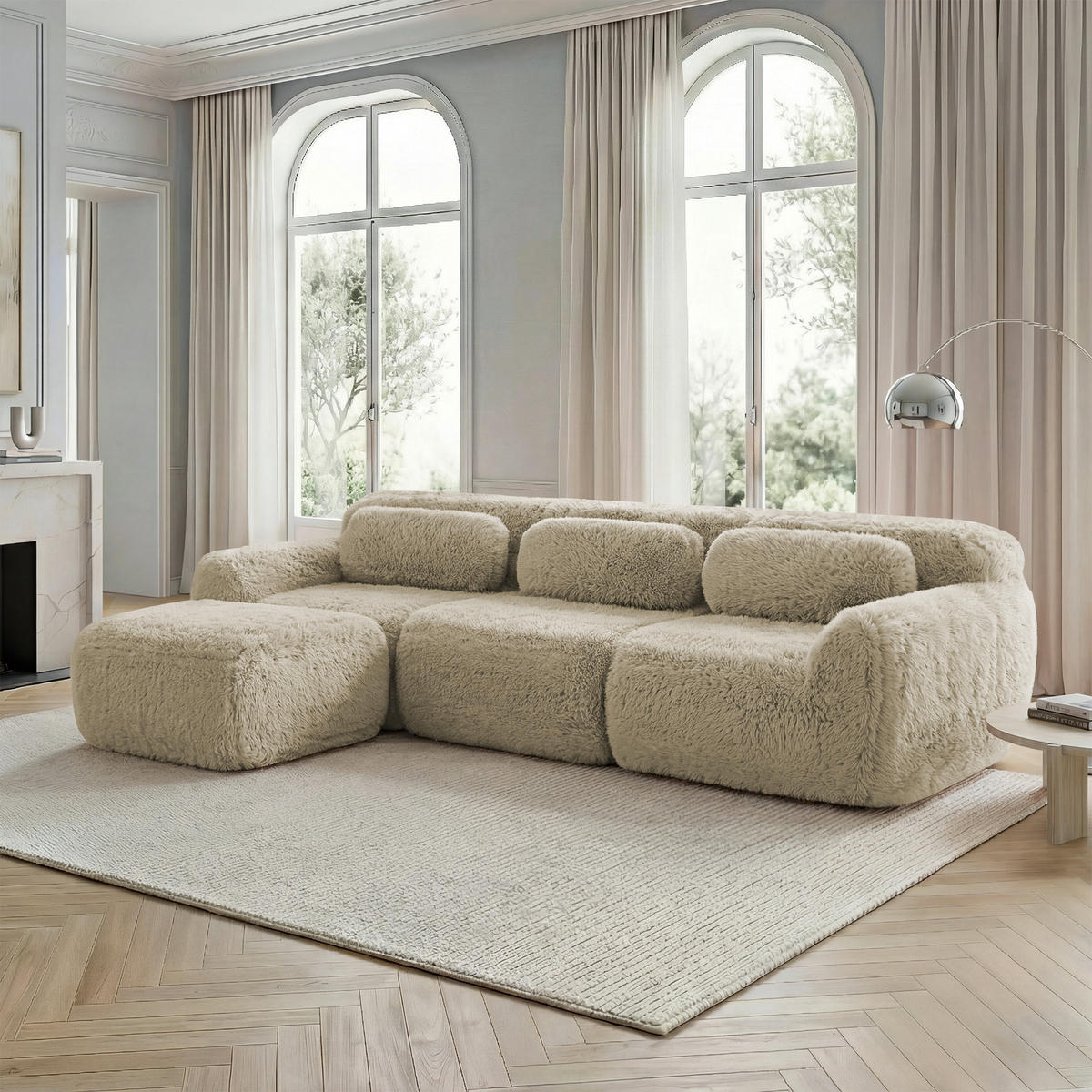ECKSOFA Plüsch Hellkhaki mit Kissen - Beige, Textil (291/179cm) - WISHDOR