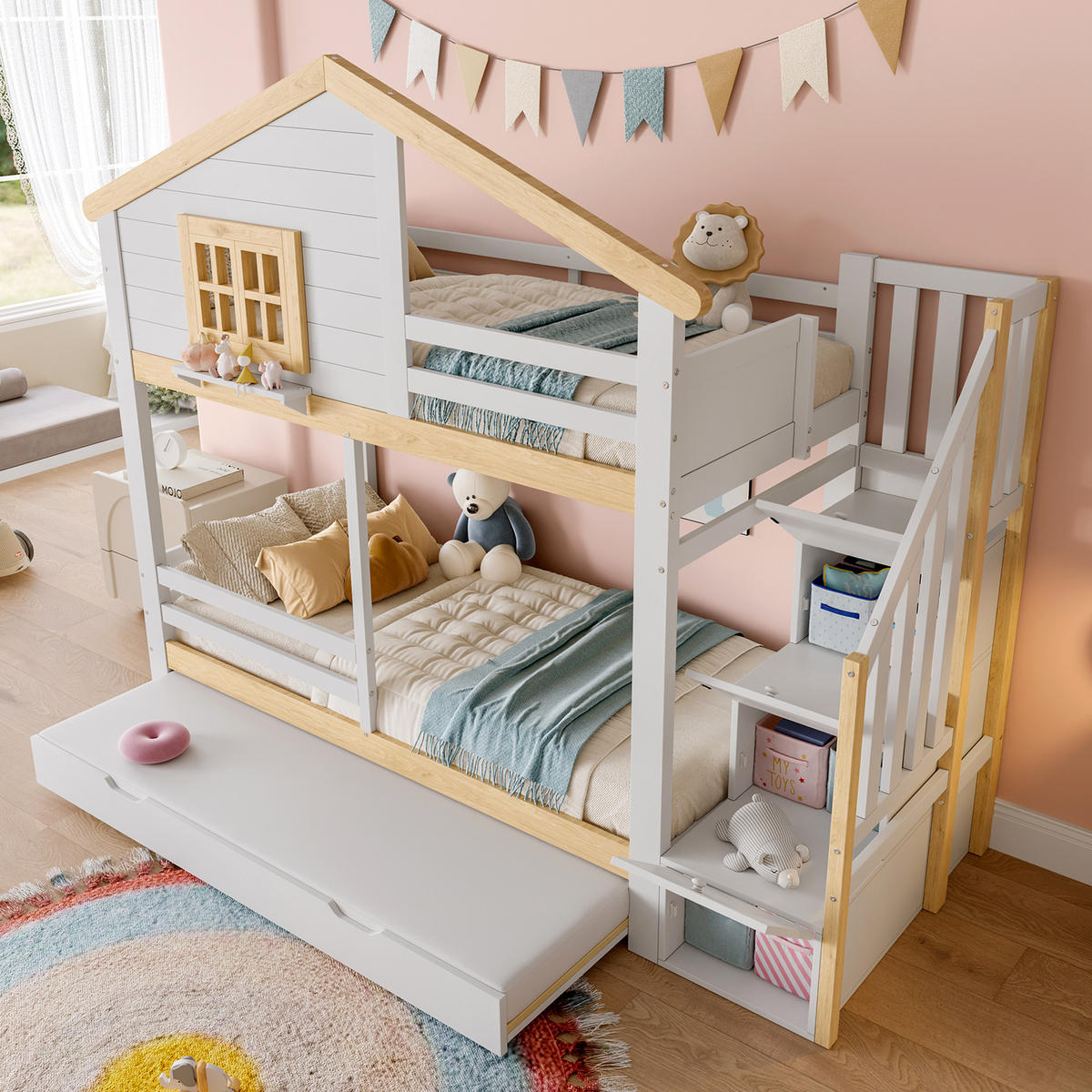 ETAGENBETT 90x200cm Weiß + Natur Ausziehbett Stauraumleiter Fenster - Multicolor, Holz (90/200cm) - FLIEKS