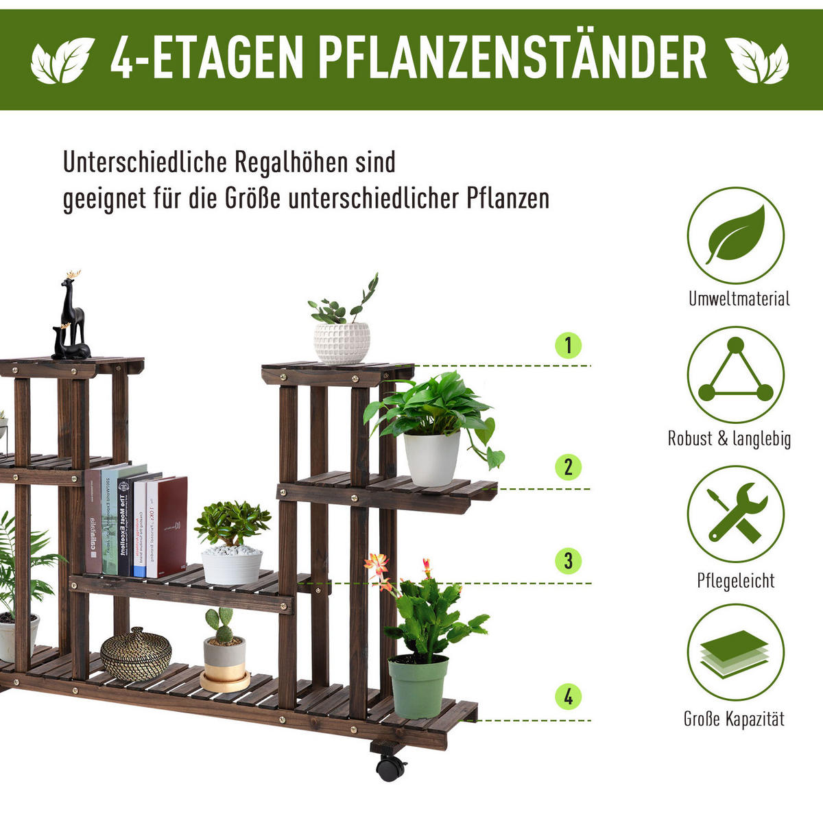 BLUMENTREPPE aus Holz 123,5x33x80 cm in Dunkelbraun mit Rollen - Dunkelbraun, Holz (33/80/123.5cm) - Modfu