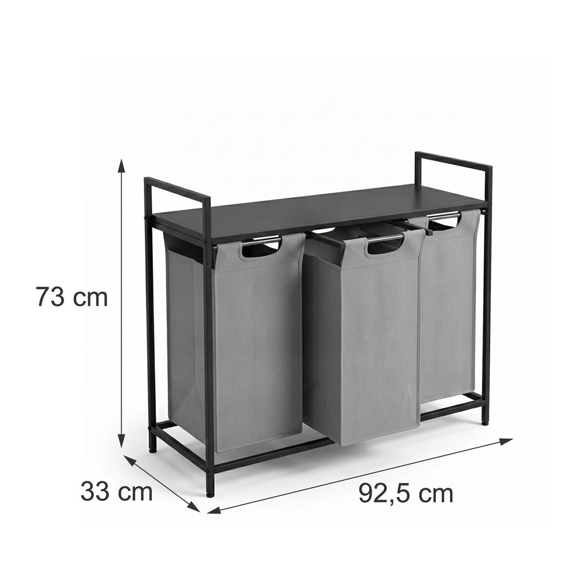 COȘ de rufe negru gri 3-compartimente cu poliță - gri, material textil/compozit lemnos (92.5/73/33cm) - Relaxdays