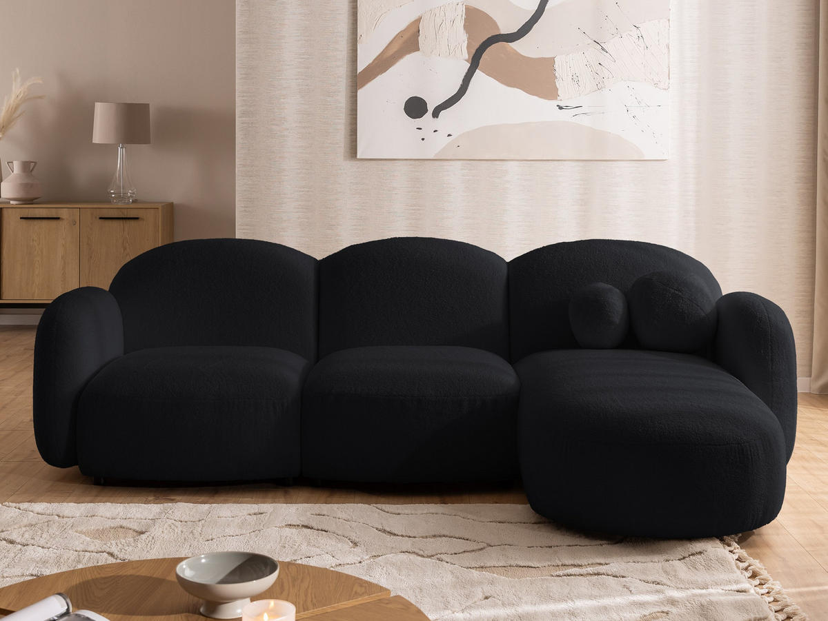 ECKSOFA Nuvola mit abgerundetem Design Schwarz Bouclé-Stoff - Ottomane Rechts - Schwarz, Holz/Kunststoff (268/146cm) - S-Style Möbel