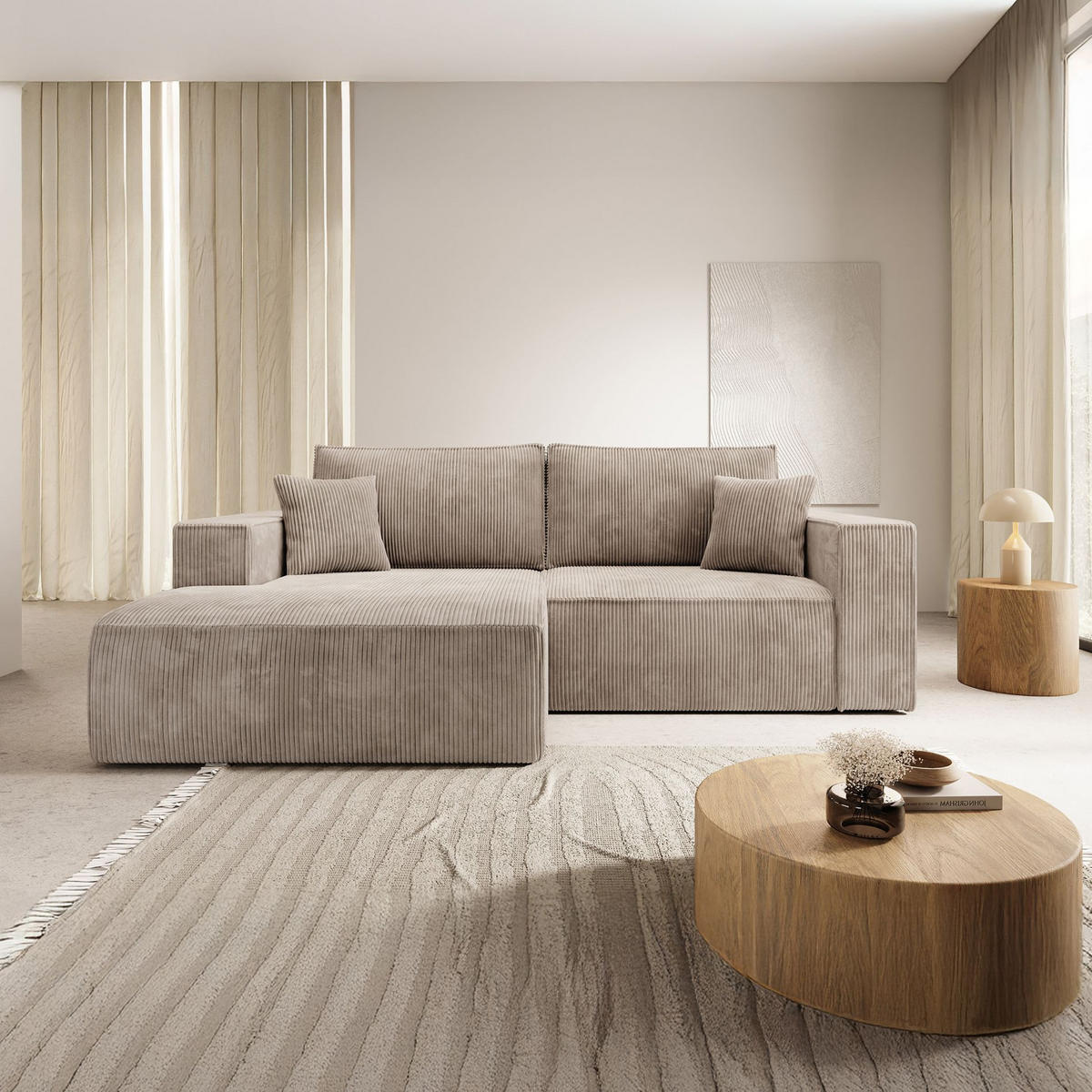 ECKSOFA Farese Mini mit Cordbezug Beige, links - Beige/Schwarz, Textil (240/167cm) - Selsey