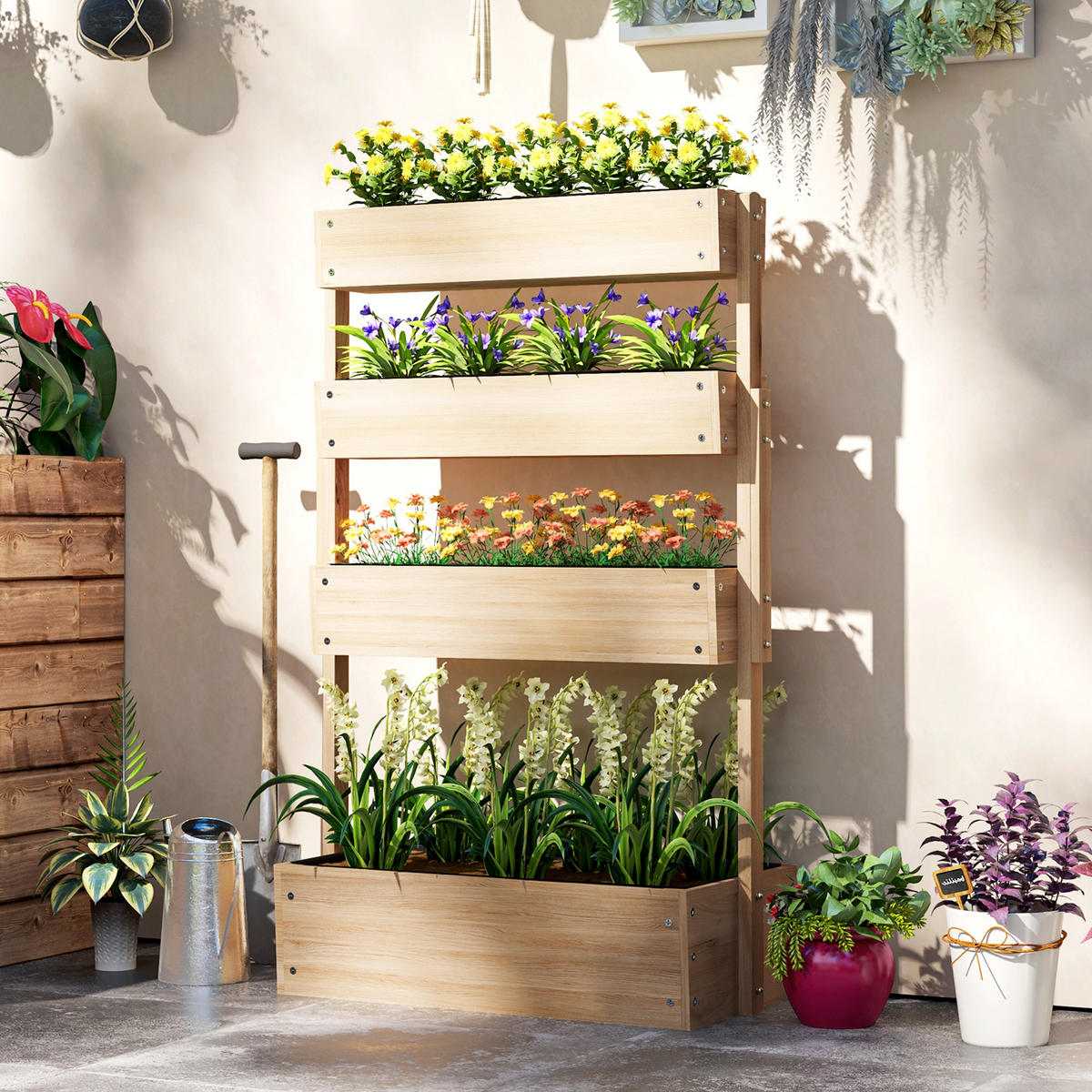 HOCHBEET Holz, 4 Ebene Pflanzbeet mit Entwässerungslöcher Frühbeet Gartenbeet - Hellgelb, Holz (45/140/88.5cm) - Outsunny