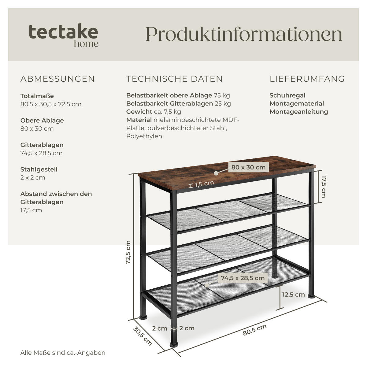 SCHUHREGAL Newport,80,5 x 30,5 x 72,5 cm,Industrial Holz dunkel, rustikal - Rostfarben, Metall (30.5/72.5/80.5cm) - tectake