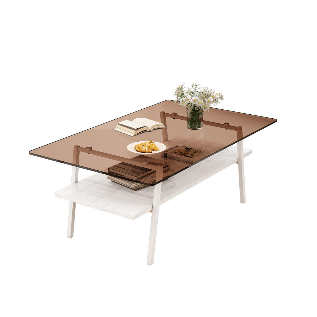 COUCHTISCH rechteckig Weiß/Braun 98/58/42,5 cm mit Glasplatte und Metallbeinen - Braun/Weiß, Glas/Holzwerkstoff (98/58/42.5cm)