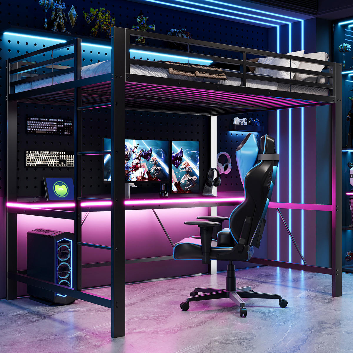 HOCHBETT 140/200 cm aus Metall und MDF mit Schreibtisch und LED-Beleuchtung Schwarz - Schwarz, Holzwerkstoff (140/200cm) - Modenvie