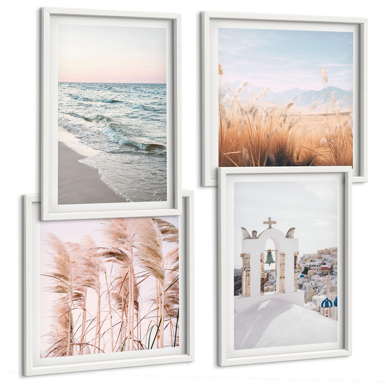 BILDER SET 4er Set - 50x50 cm & 40x60 cm Weißer Rahmen - Pflanzen, Meereswellen, Aussicht, Häuser - Weiß, Kunststoff (50/50cm) - TULUP