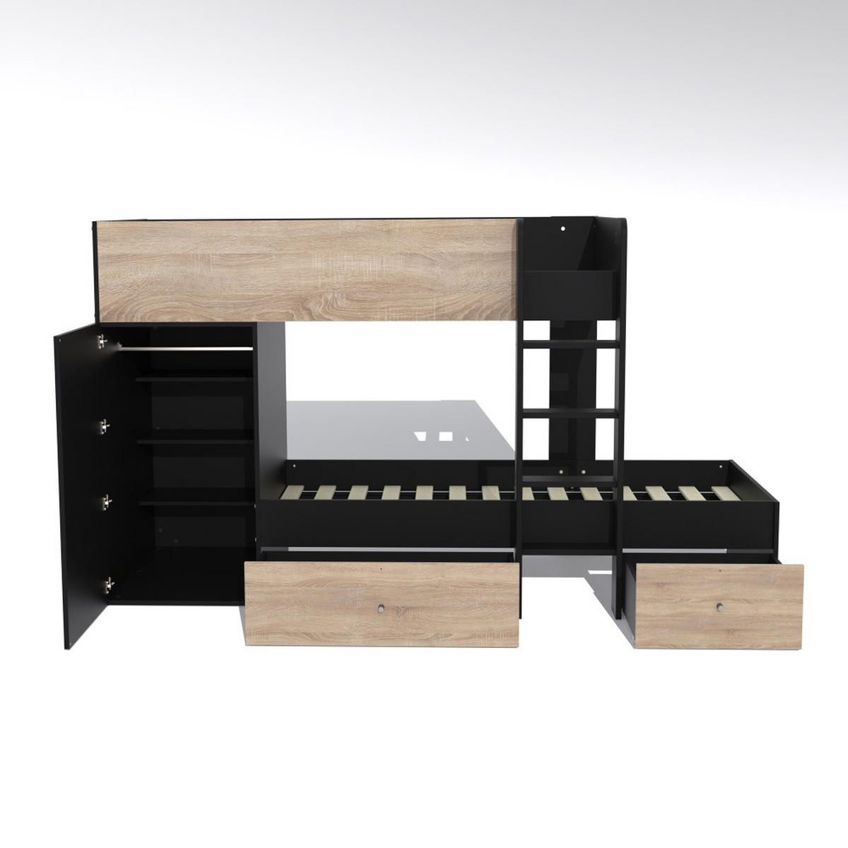 ETAGENBETT TWIN / 90x190 - Schwarz und Gebleichte Eiche Dekor - Multicolor, Holzwerkstoff (90/190cm) - Weber Industries