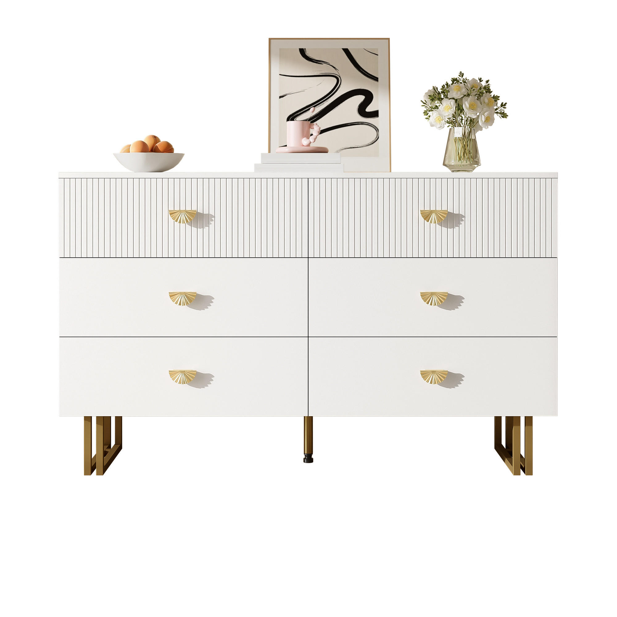 SIDEBOARD 6 Schubladen Weiß Gold MDF Stahl 120x40x75 - Weiß, Holzwerkstoff (40/75/120cm) - FLIEKS