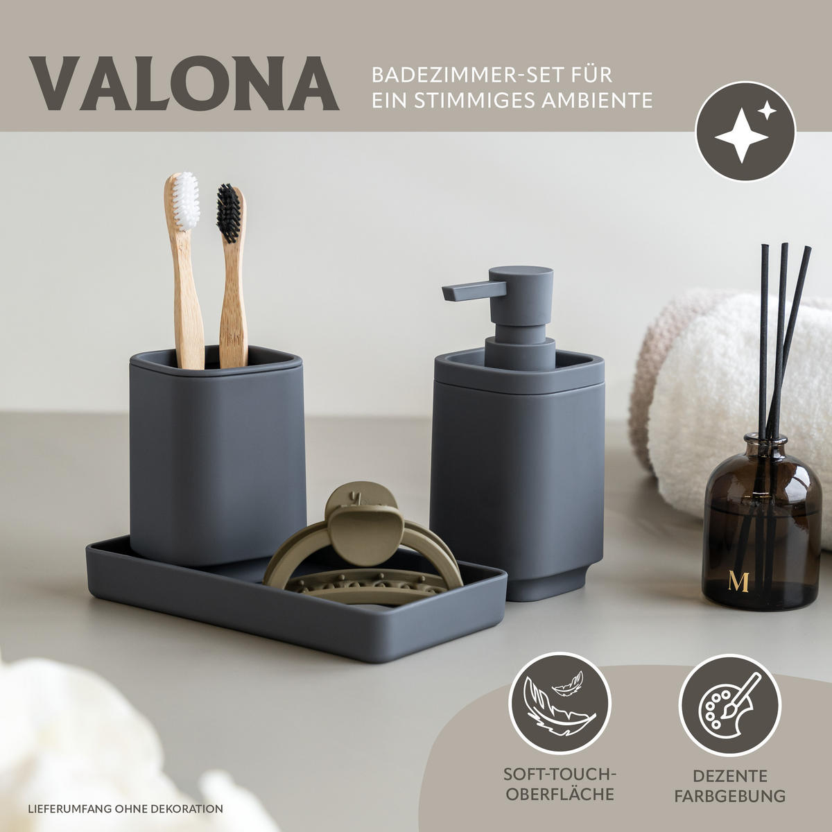 BAD-ACCESSOIRES-SET VALONA, Soft-Touch, grau - Grau, Kunststoff (18/2.5/9.5cm) - eluno