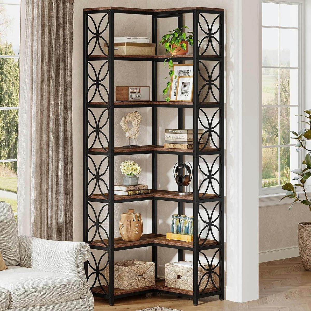 BÜCHERREGAL L-förmig 7-stöckig Rustikales Braun & Schwarz 200 cm - Braun, Metall (60/200/60cm)