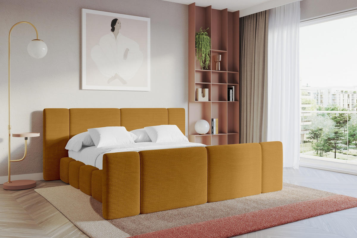 POLSTERBETT mit Bettkasten, Fußteil und Lattenrost, Bett mit Matratze H3/H4 - NILO-Z 200x200 Senfgelb - Currygelb, Holzwerkstoff/Textil (200/200cm) - ALTDECOR