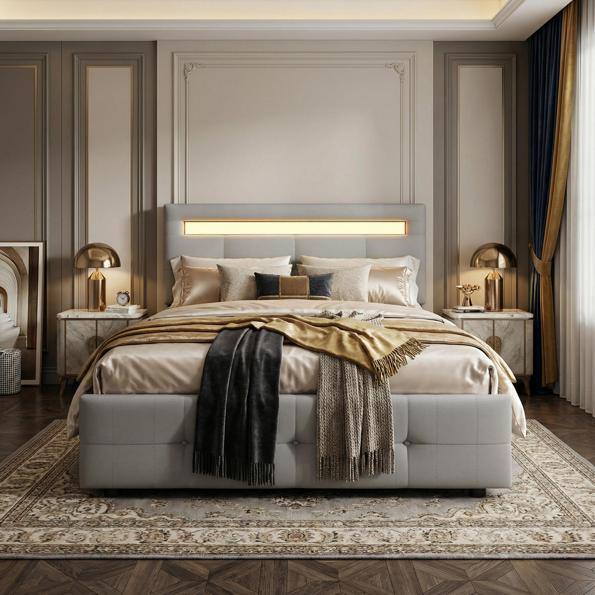 POLSTERBETT 90x200 cm in Leinen-Optik Grau mit LED-Beleuchtung & 2 Schubladen - Grau, Textil (90/200cm) - Urban Meuble