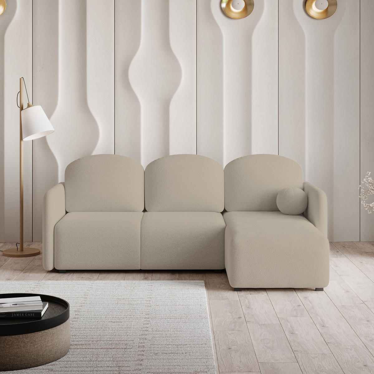 ECKSOFA SUVINO Beige Boucle-Stoff mit Schlaffunktion - Beige, Holz (230/143cm) - MASSENO