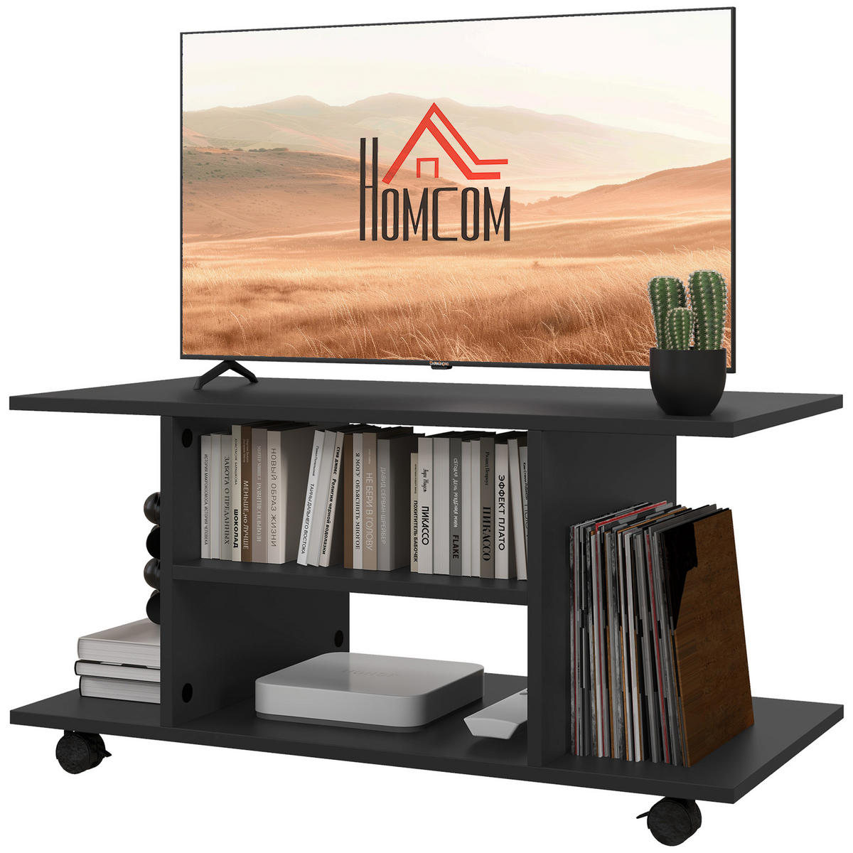 TV-BANK Schwarz 80/40/40 cm, auf Rollen, mit Ablagen - Schwarz, Holz (80/40/40cm) - PANGIVO
