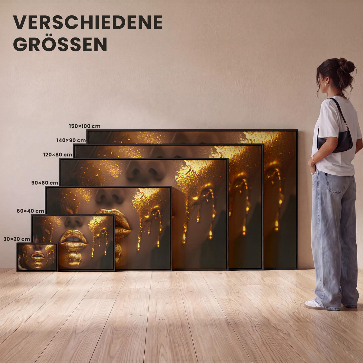 LEINWAND Bilder mit Rahmen - Frau - Gold - Luxus - Porträt - 120x80 - Goldfarben, Textil (120/80cm) - MuchoWow