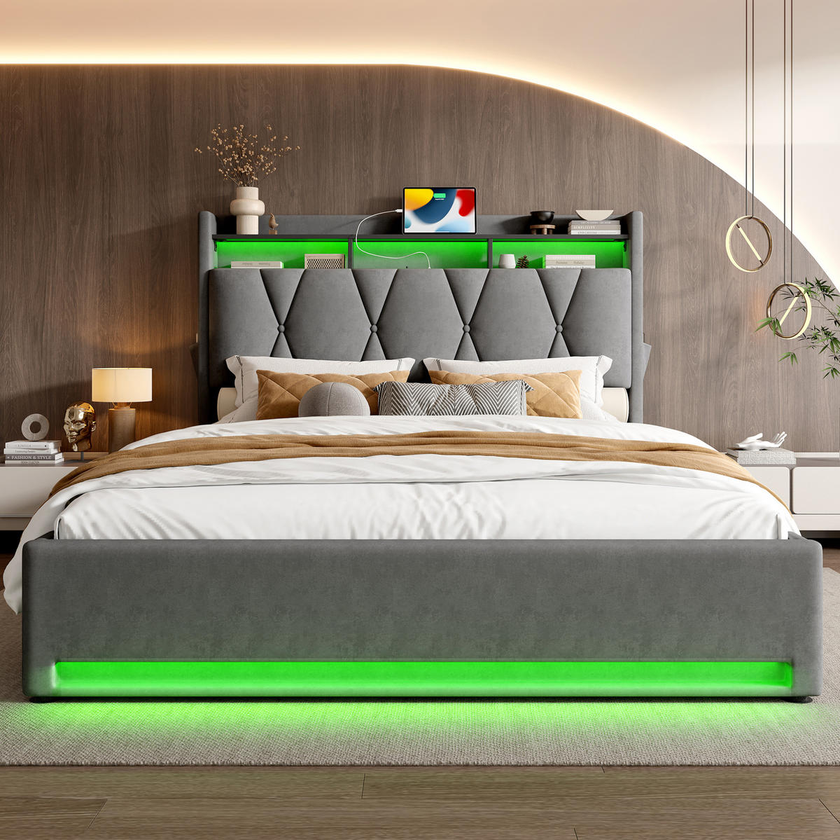 POLSTERBETT 160/200 cm dunkelgrau aus Samt mit LED, USB-C und Stauraum - Dunkelgrau, Textil (160/200cm) - OKWISH