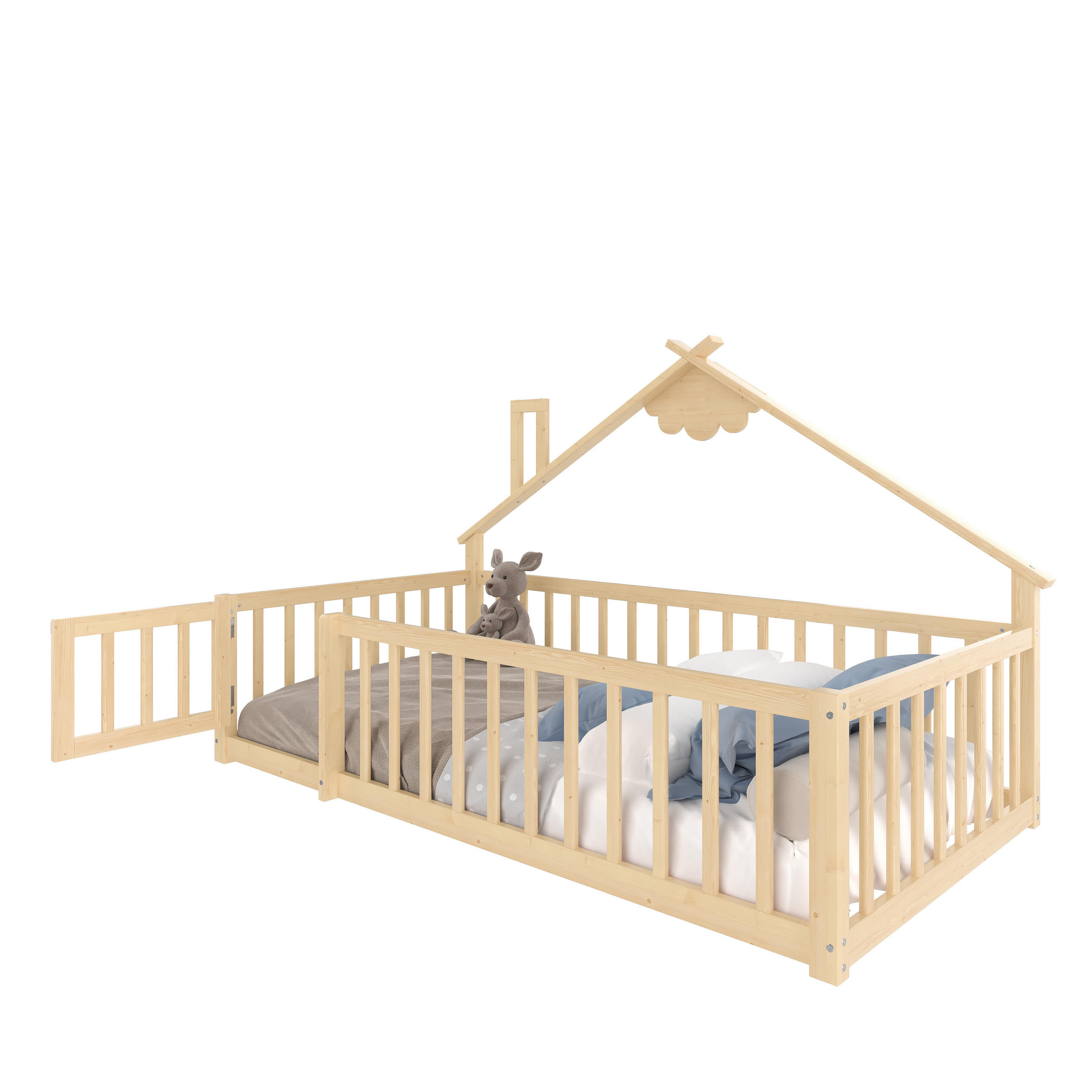 FLACHBETT 90x190cm Natur Kiefer Kinderbett Hausleiste Geländer - Naturfarben, Holz (90/190cm) - FLIEKS