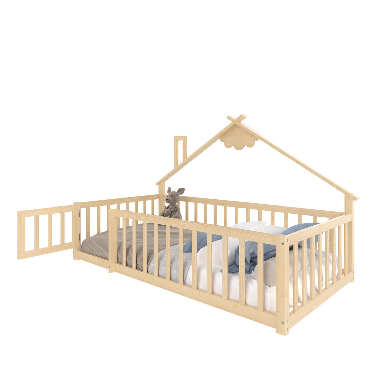 FLACHBETT 90x190cm Natur Kiefer Kinderbett Hausleiste Geländer - Naturfarben, Holz (90/190cm) - FLIEKS